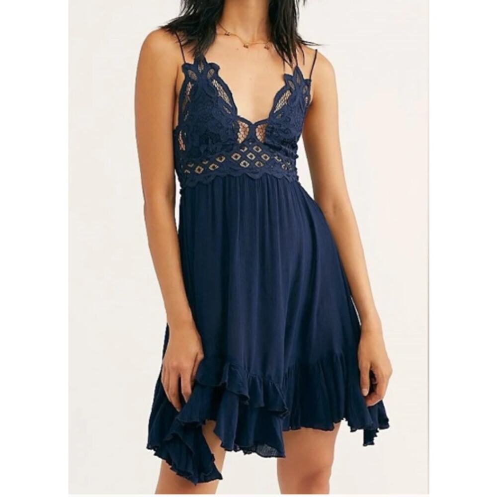 Free People Adella Navy Lace Slip Mini Dress Boho Flowy Spaghetti Strap Size S